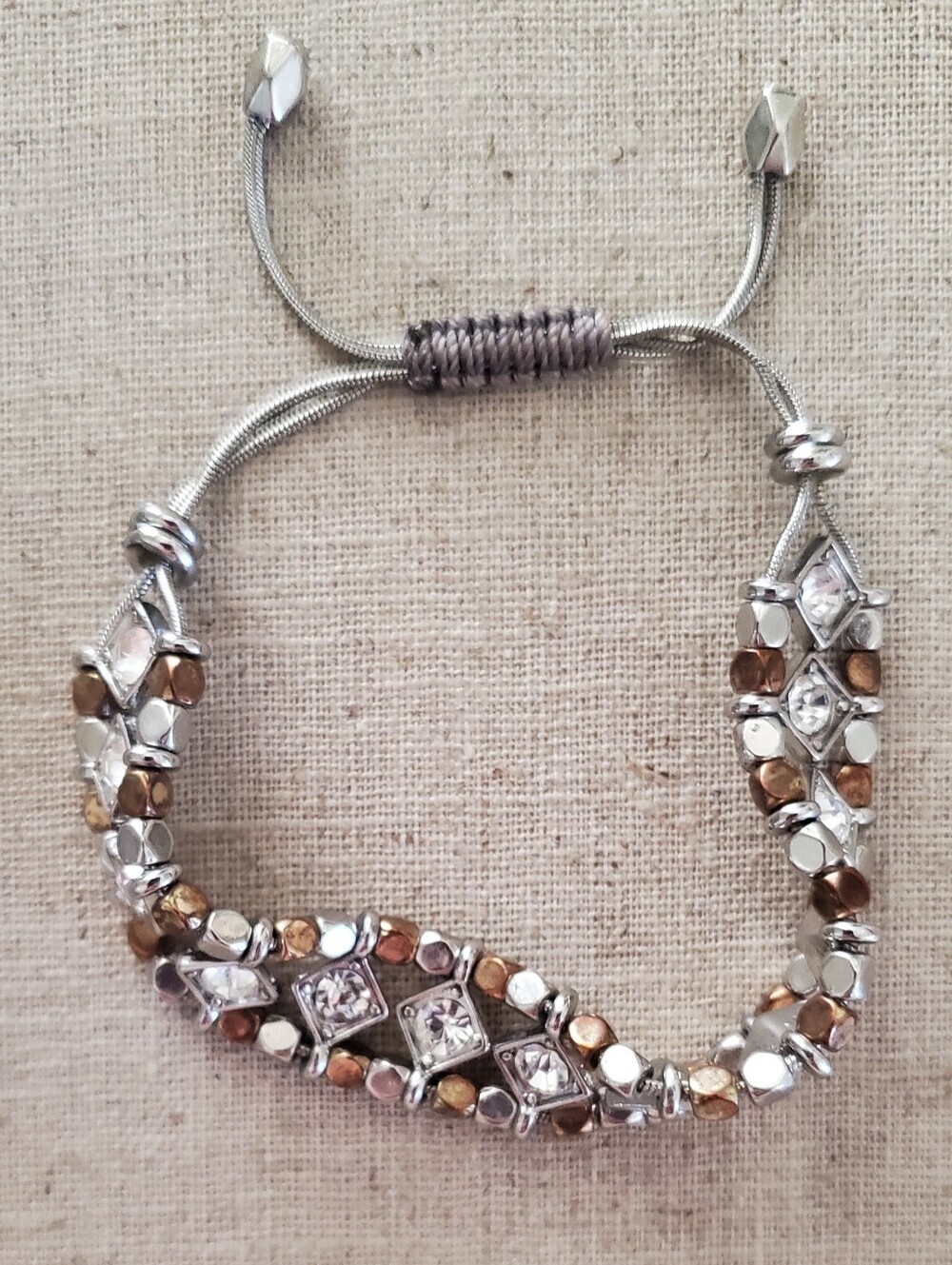 White House Black Market Mixed Metal Crystal Beaded Silver Slider Bracelet OS